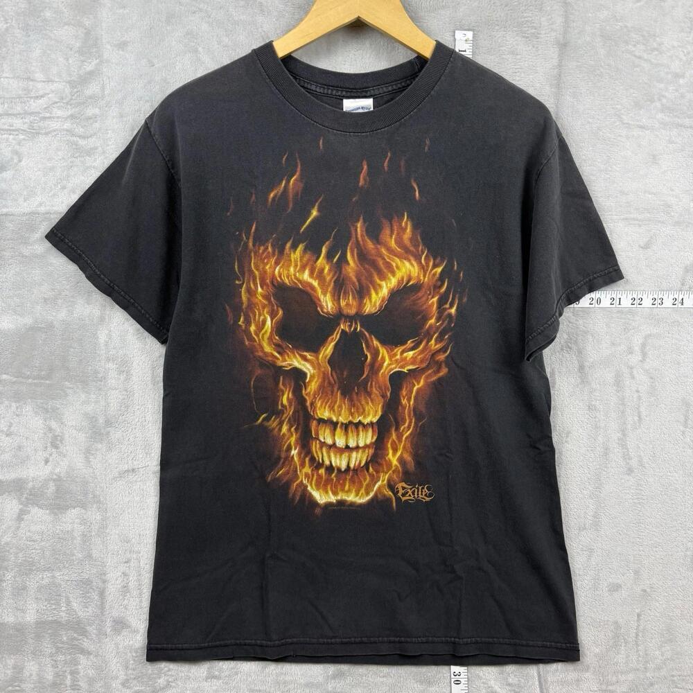 Vintage Tennessee River Flame Skull Graphic T-Shirt Black Size L Faded Y2K Biker